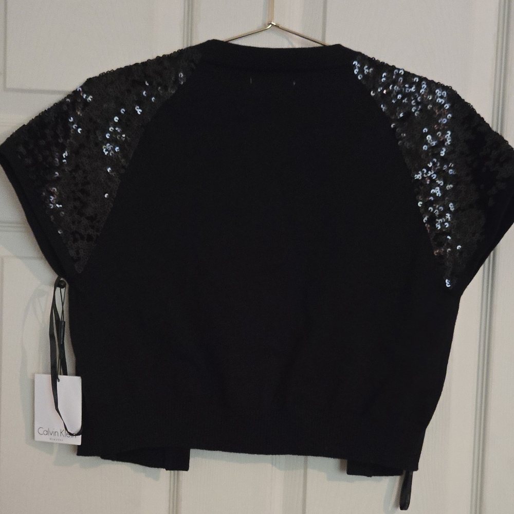 Calvin Klein Black Sequin Crop Cardigan Sweater Shrug - Picture 9 of 11